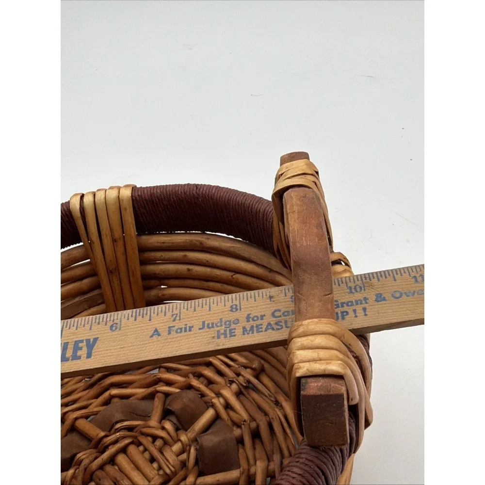 Vintage Gathering Basket Split Reed Jute Log Wood Handles Folk Art Rustic
